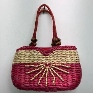 Y2K beaded wicker pink bag with zipper closure preowned